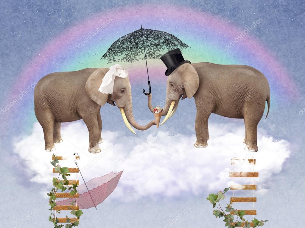 Two elephants in love with umbrellas.