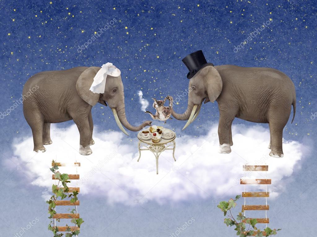 Two elephants in love at wedding ceremony in the sky.