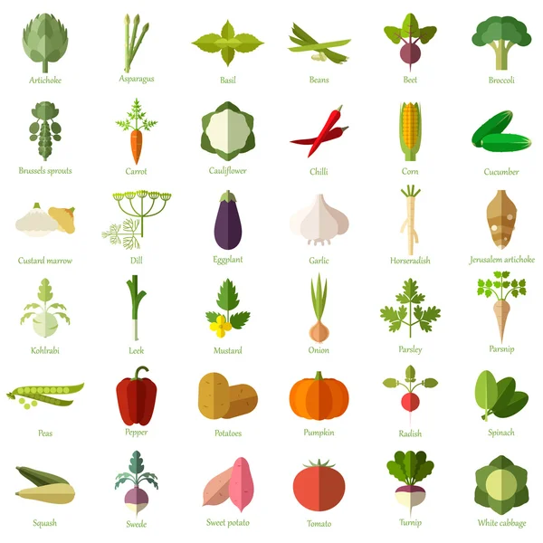 Ensemble d'icônes plates de légumes — Image vectorielle