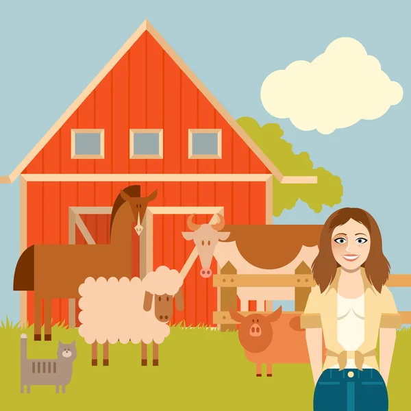Bäuerin und Tiere — Stockvektor