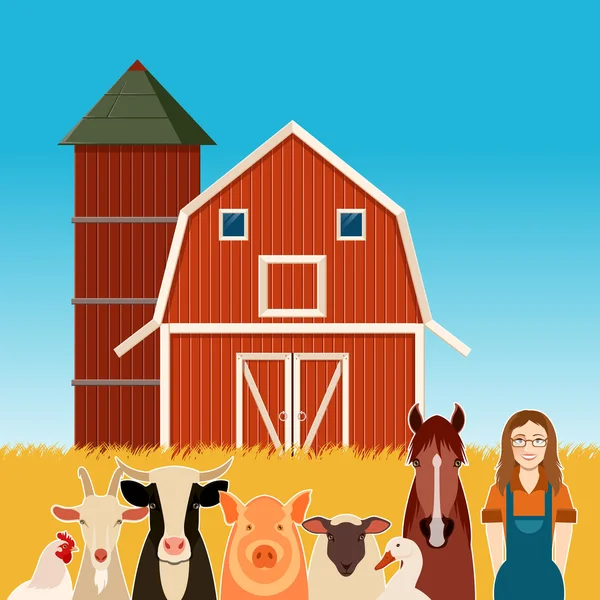Фермерський банер з тваринами і жінкою — стоковий вектор