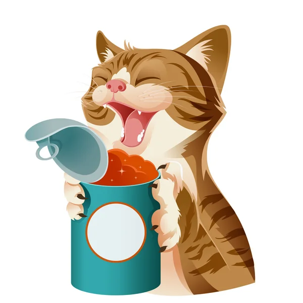 Dibujos animados sonriente gato y su comida — Vector de stock