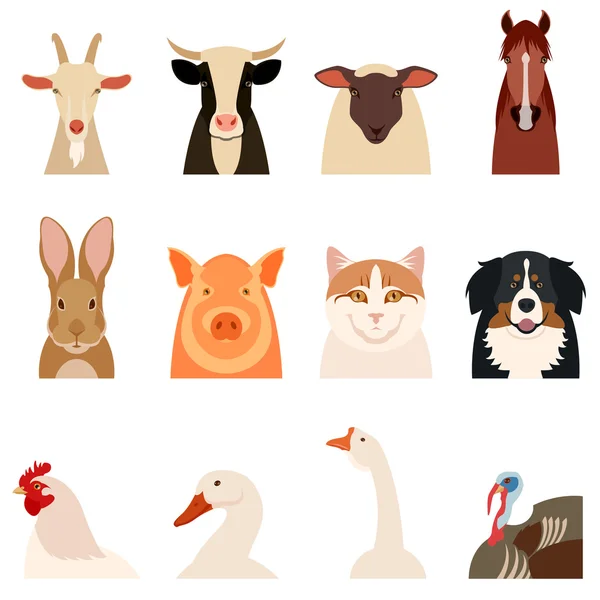 Animales de granja iconos planos — Vector de stock