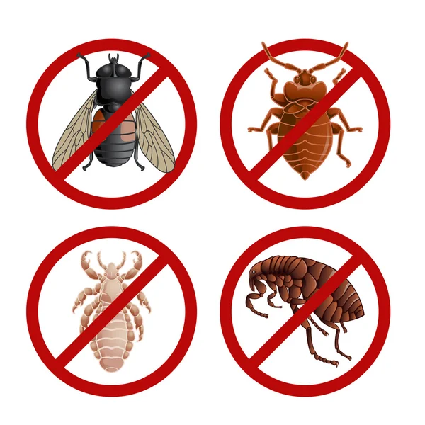 Ensemble de signes de désactivation avec des insectes ravageurs — Image vectorielle