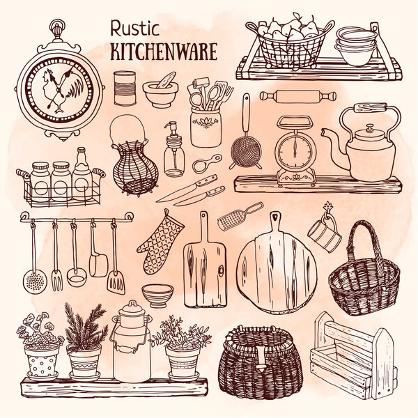 rustic kitchenware icons set