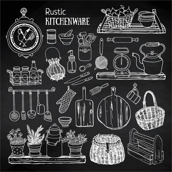 Conjunto de iconos rústicos utensilios de cocina — Archivo Imágenes Vectoriales