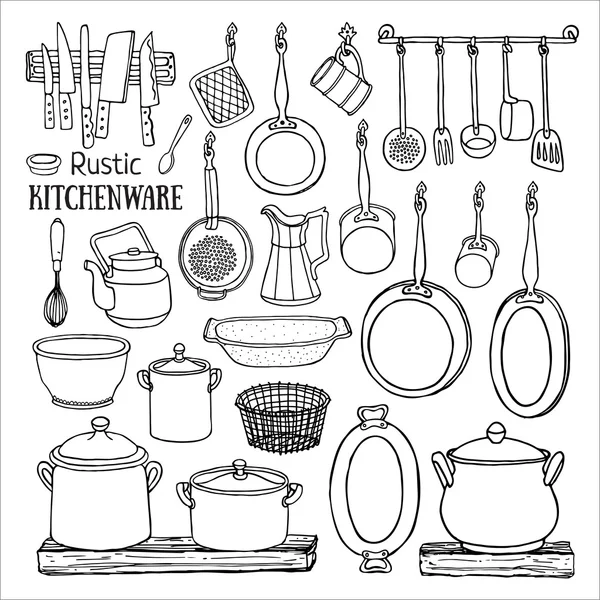 Conjunto de iconos rústicos utensilios de cocina — Archivo Imágenes Vectoriales