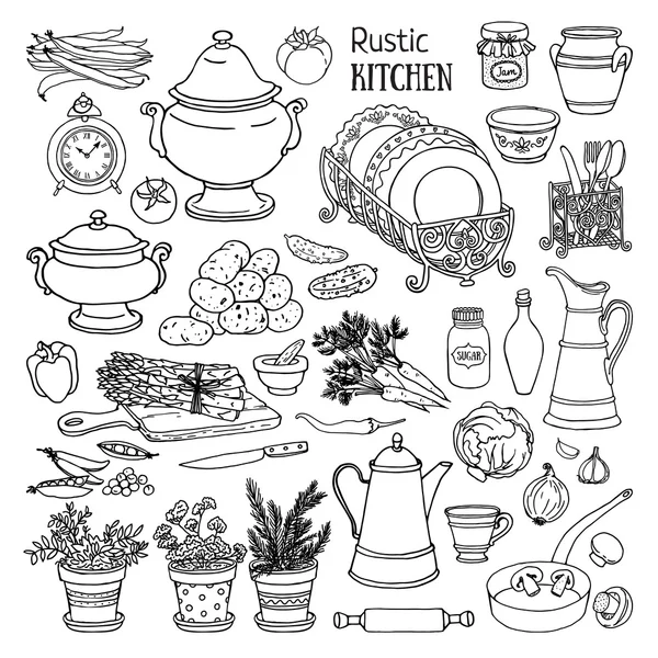 Conjunto de utensilios de cocina rústicos — Archivo Imágenes Vectoriales