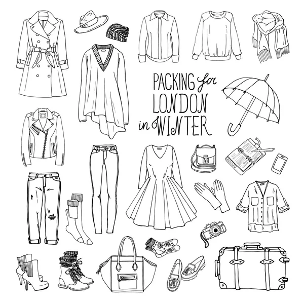 伦敦冬季旅行行李套装 — 图库矢量图片