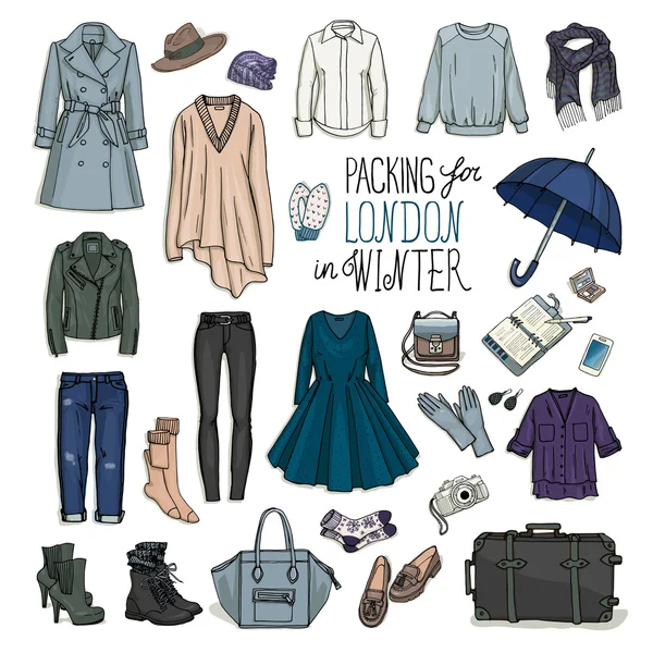 伦敦冬季旅行行李套装 — 图库矢量图片