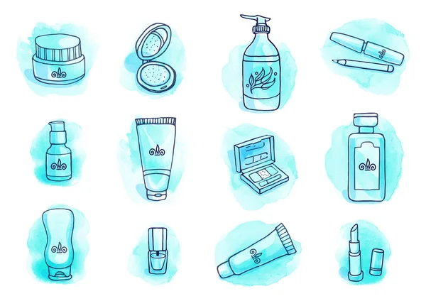 Ensemble de cosmétiques, maquillage icônes — Image vectorielle