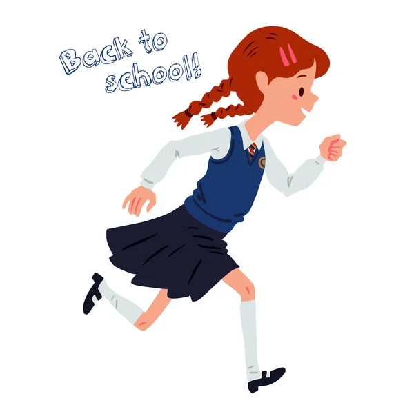 Runing escola-menina vestida com uniformes isolados no fundo branco —  Vetores de Stock