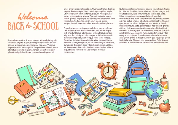 Modèle avec fournitures scolaires pour brochures, dépliants, dépliants, bannières, dépliants — Image vectorielle
