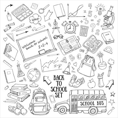 Geri okul çizilmiş için set malzemeleri, lokomotif, sırt çantası, kara tahta, Küre ile doodles