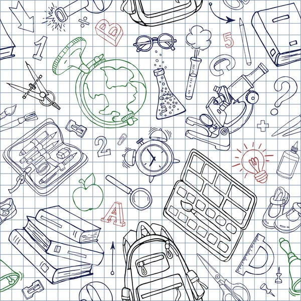 Vector seamless pattern of doodle school supplies — Stock Vector