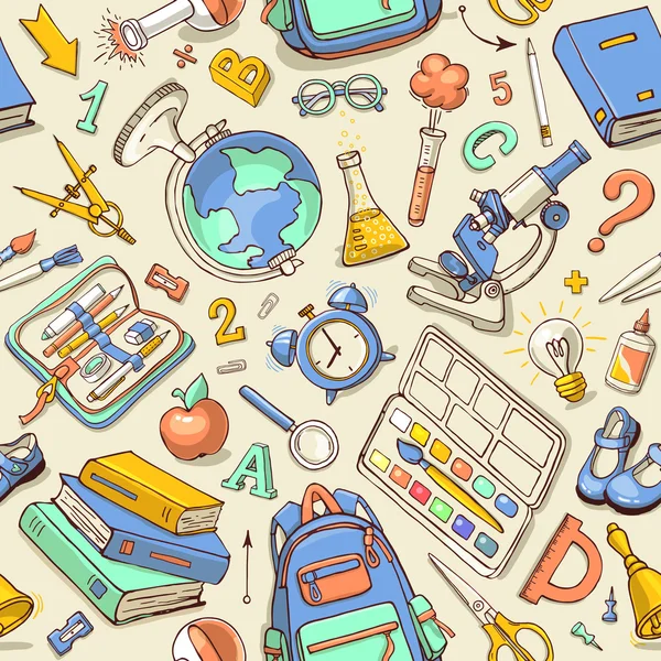 Vector seamless color pattern of sketchy school supplies. — Stock Vector