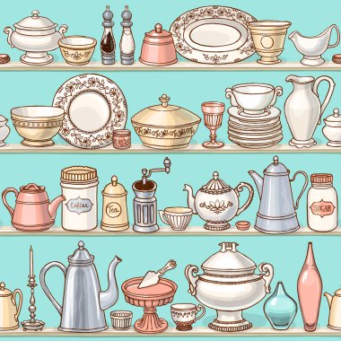 Pişirme öğeleri ile shabby şık mutfak vektör dikişsiz desen. Retro tarzda raflarda yemeklerin elle çizilmiş arka plan.
