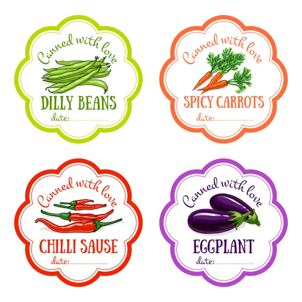 Uppsättning av vektor etiketter med handritad grönsak. Mallar för design kan användas som klistermärke på burk burk, bevara, Farmers Market, ekologisk matbutik — Stock vektor