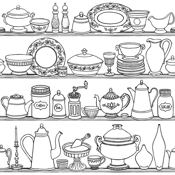 Shabby шикарный вектор кухни бесшовный шаблон с кулинарными предметами. Ручной рисунок еды и напитков фон — стоковый вектор