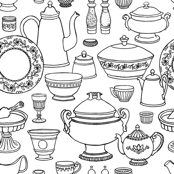 Shabby elegante cocina vector patrón sin costuras con artículos de cocina. Fondo dibujado a mano de platos en estilo retro  . — Vector de stock