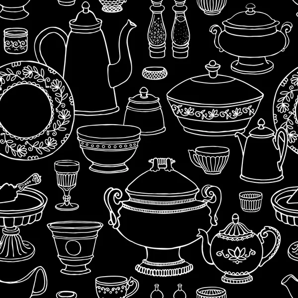 Shabby chic vecteur de cuisine motif sans couture avec des articles de cuisine sur le tableau noir. Fond dessiné à la main de plats dans un style rétro  . — Image vectorielle