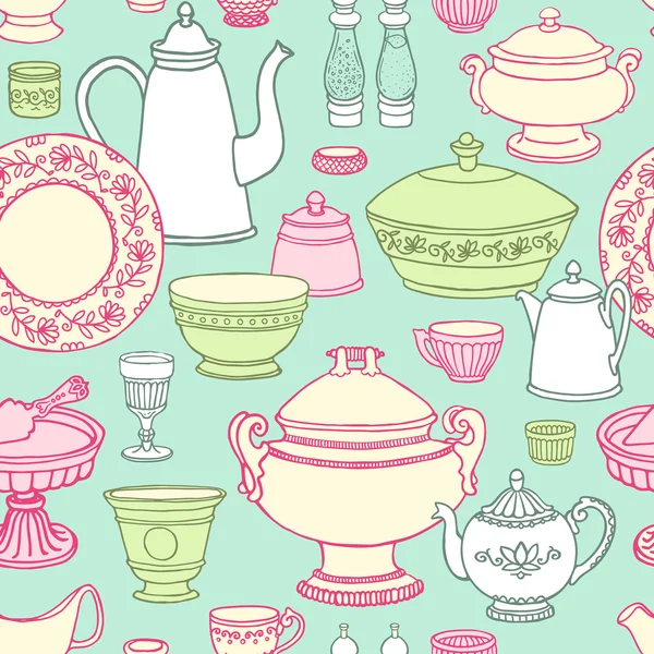 Shabby elegante cocina vector patrón sin costuras con artículos de cocina. Fondo dibujado a mano de platos en estilo retro  . — Vector de stock