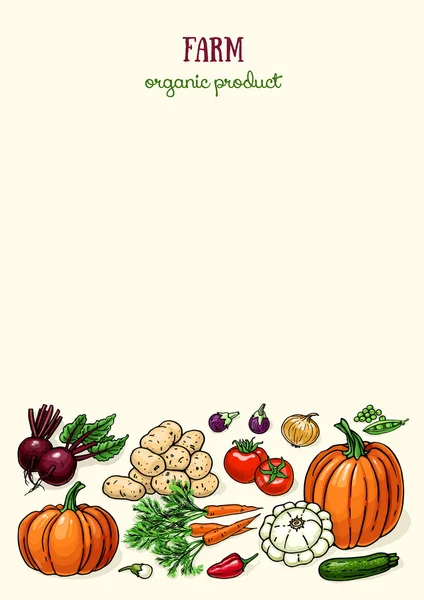 Diseño de diseño con verduras de granja. Vector de color de los alimentos fondo incompleto — Archivo Imágenes Vectoriales