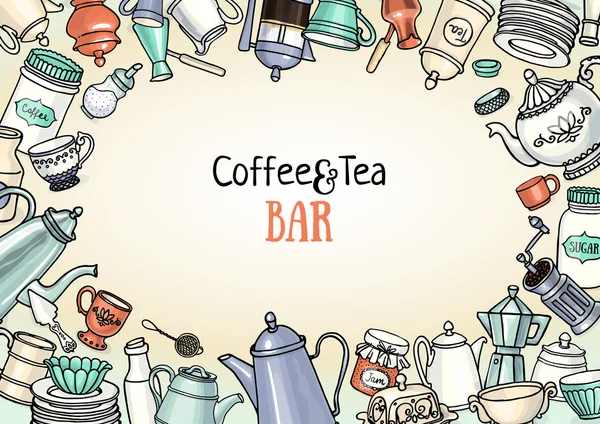 Kaffee und Tee skizzenhaftes Banner. Küchengestell mit Geschirr für Design. — Stockvektor