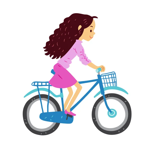 행복 한 여자는 빨간 자전거 타기 — 스톡 벡터