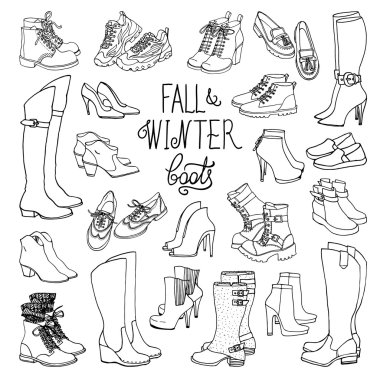 Fashion collection of winter boots and shoes clipart