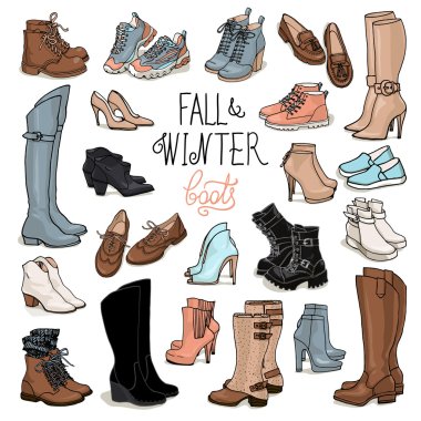 Fashion collection of winter boots and shoes clipart