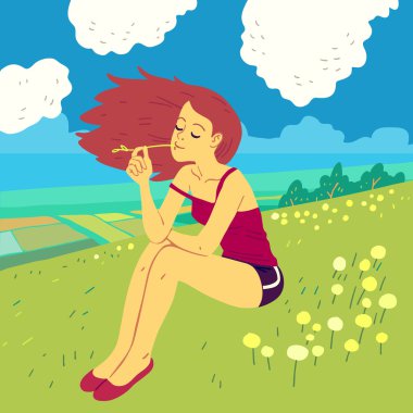 çayır üzerinde oturan çizgi film kız