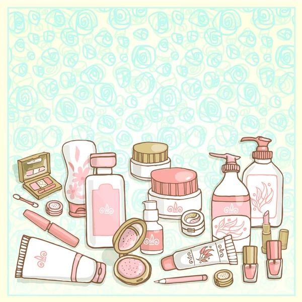 Cosmetics set on floral background — Stock Vector