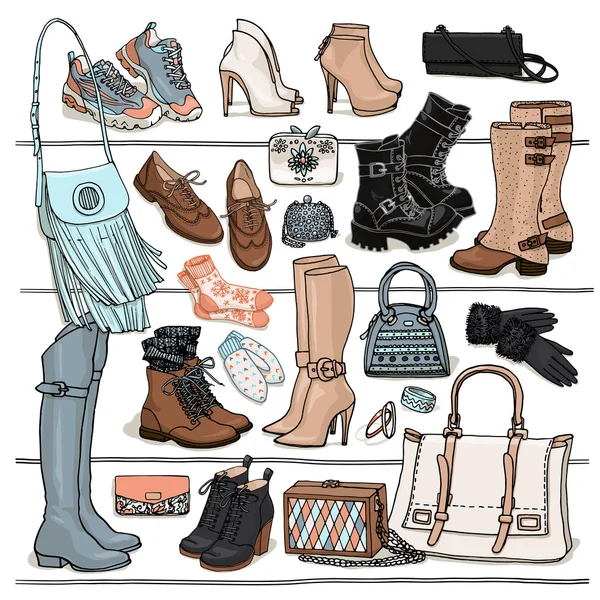 Conjunto de bolsas y zapatos de otoño e invierno — Vector de stock