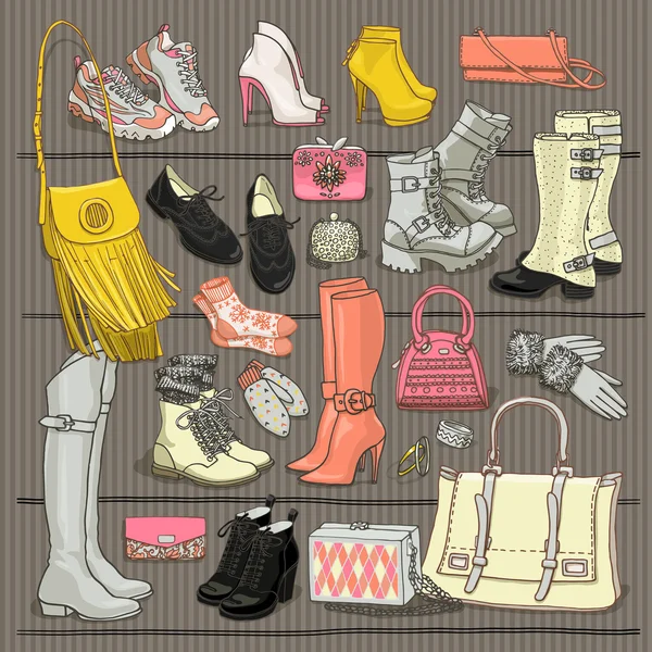 Conjunto de bolsas y zapatos de otoño e invierno — Archivo Imágenes Vectoriales