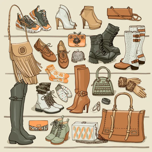 Set of fall and winter bags and shoes — Stock Vector