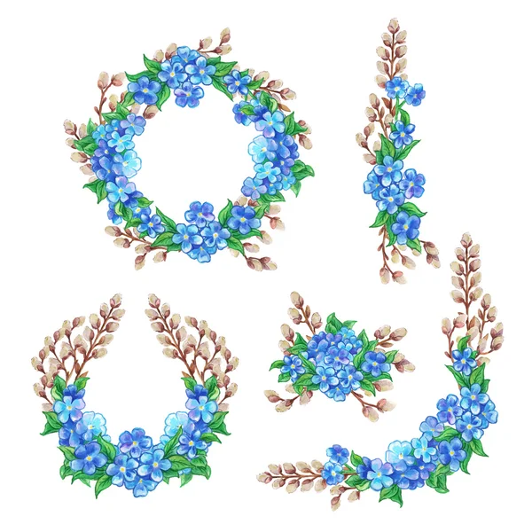 Aquarel set van bloemen en takken — Stockvector