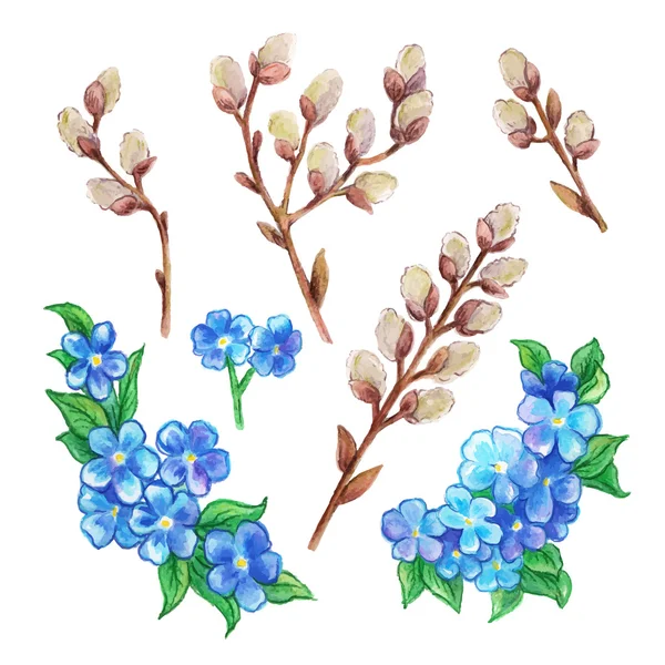 Conjunto de primavera, flores de verano, ramas — Vector de stock