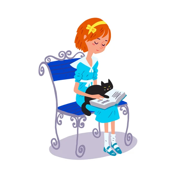 Libro de lectura de chica con gato — Vector de stock