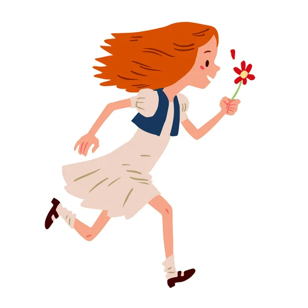 Chica corriendo con flor — Vector de stock