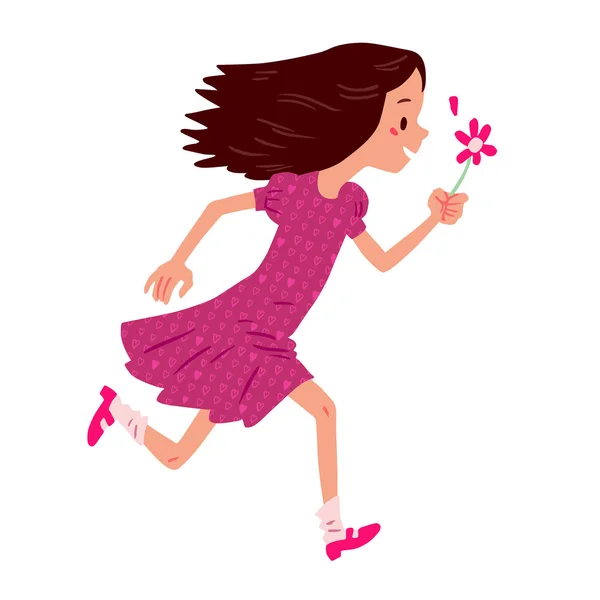 Chica corriendo con flor — Vector de stock