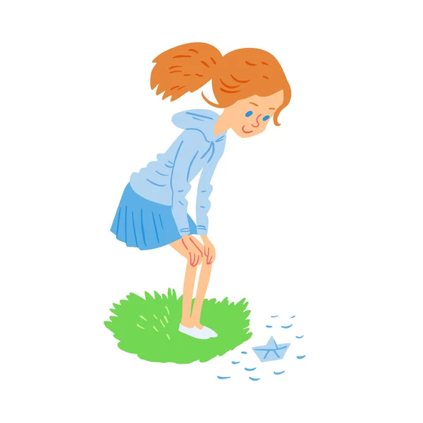 Girl with paper boat — Stock Vector