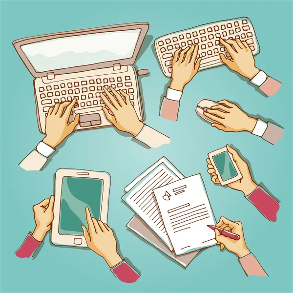 Set of hands with computer devices — Stock Vector