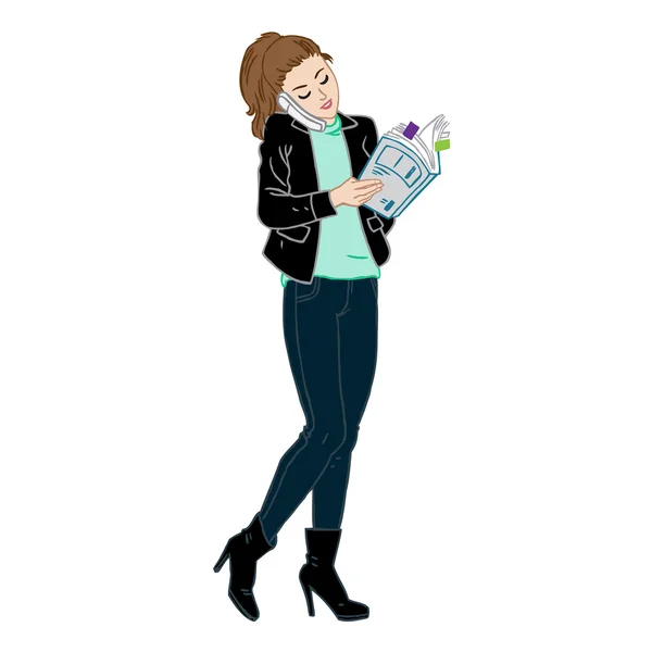 Femme parlant au téléphone et lisant l'annuaire — Image vectorielle