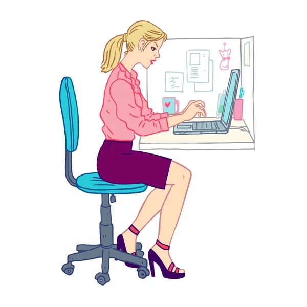 Silueta de mujer en la oficina con el ordenador portátil — Vector de stock