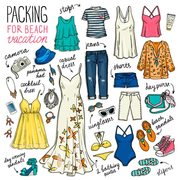 Summer beach vacation clothing set — Stock Vector