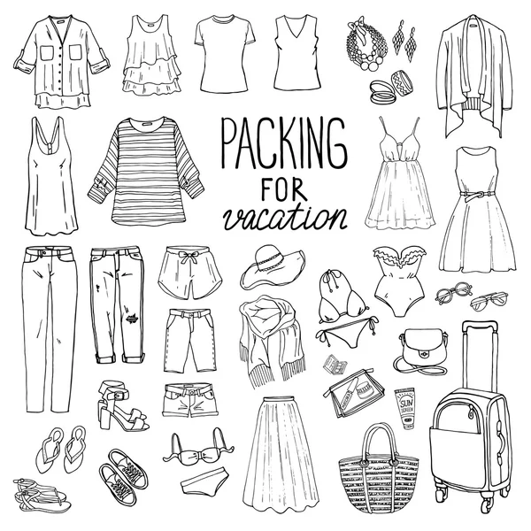 Equipaje y ropa de viaje de verano — Vector de stock