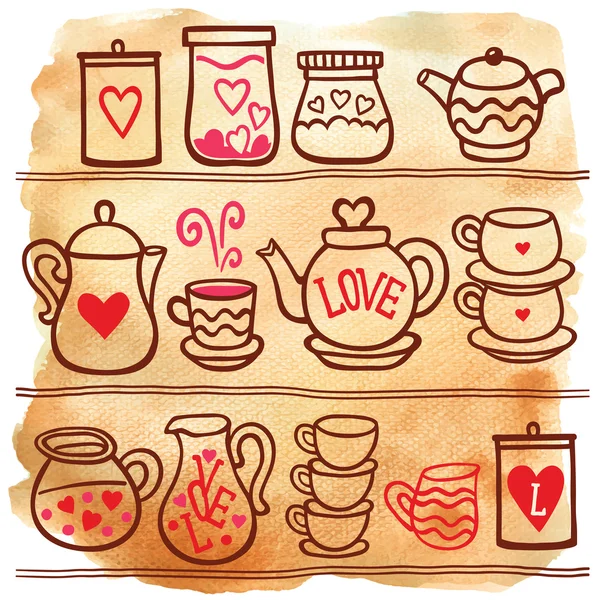 Xícaras de chá, jarros, conjunto de bebidas — Vetor de Stock