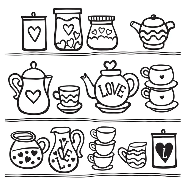 Tea cups, jugs, drink set — ストックベクタ