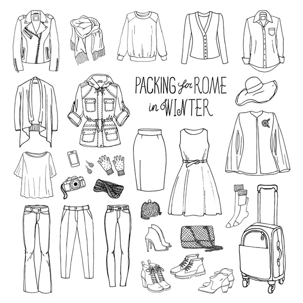 Set of travel female clothes — Stock vektor